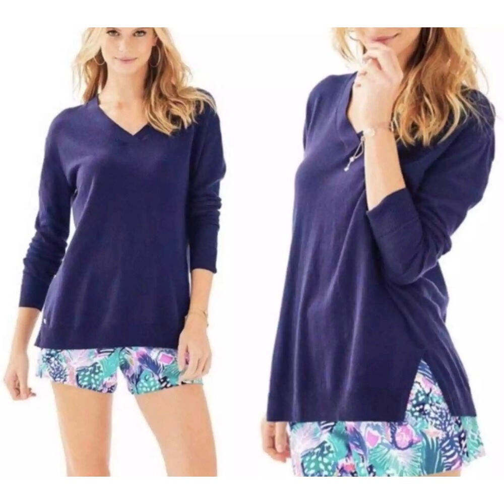 NWT Lilly Pulitzer Blaine Tunic Sweater Medium Navy Blue Cotton Linen V-Neck